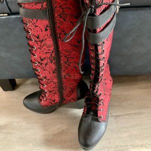 Red Brocade Zipper/Lace-Up Boots